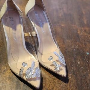 Betsey Johnson Nude Clear Pointed Toe “I Do” Pumps with Silver Glitter Detail
